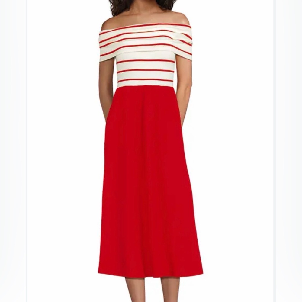 Lands' End Off-Shoulder Red and White Midi Dress
